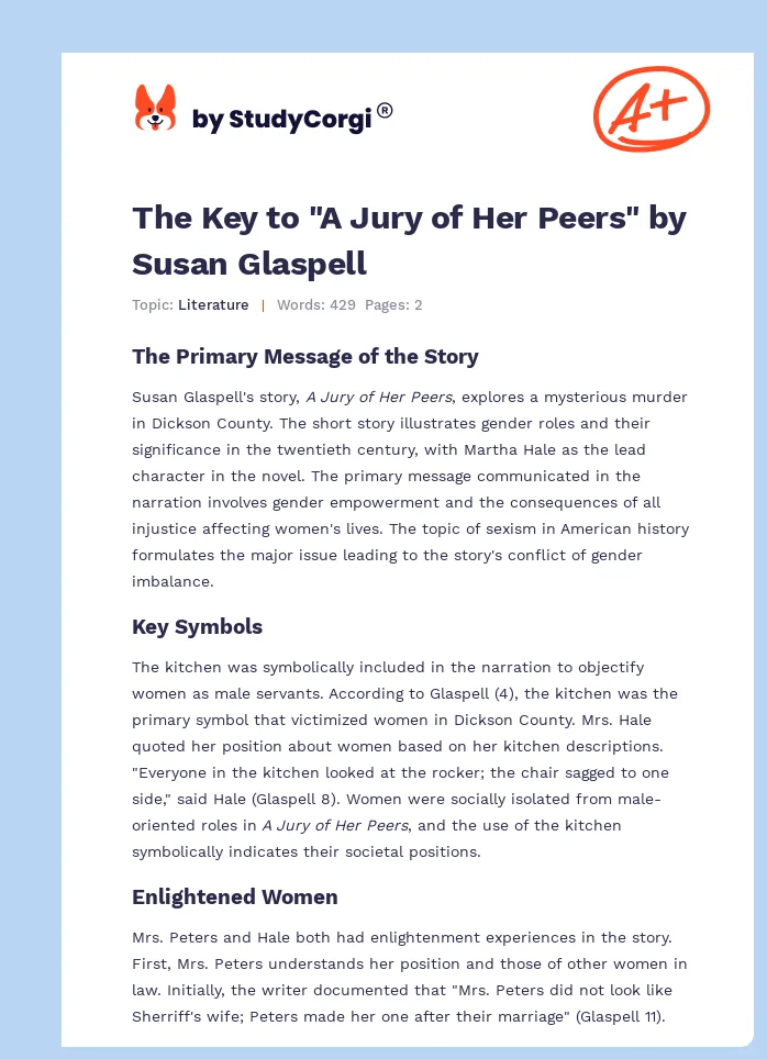 The Key to "A Jury of Her Peers" by Susan Glaspell. Page 1