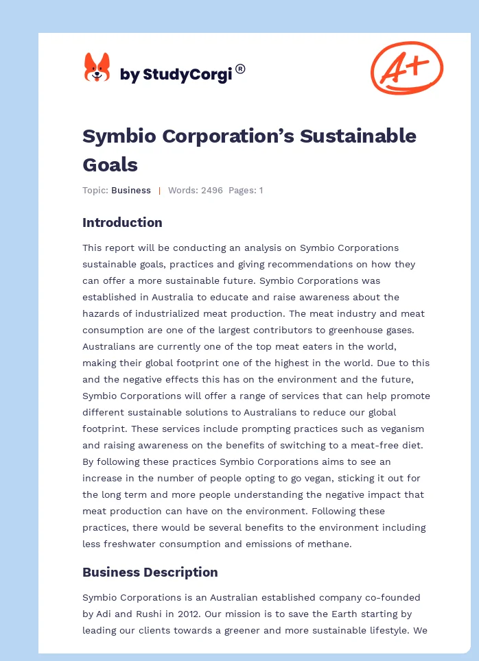 Symbio Corporation’s Sustainable Goals. Page 1