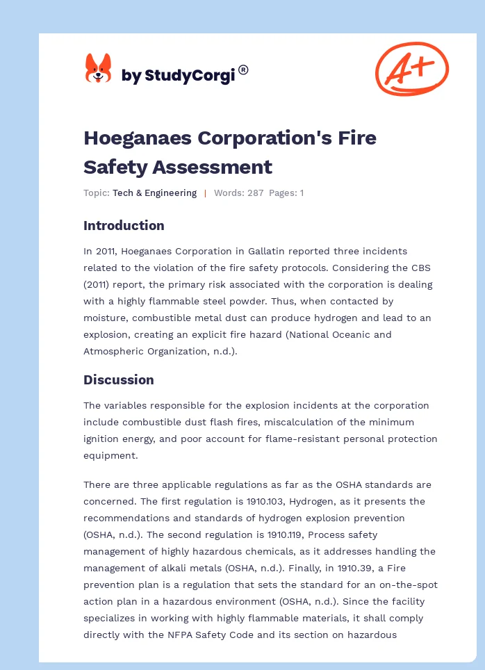 Hoeganaes Corporation's Fire Safety Assessment. Page 1