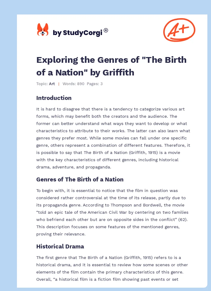 Exploring the Genres of "The Birth of a Nation" by Griffith. Page 1