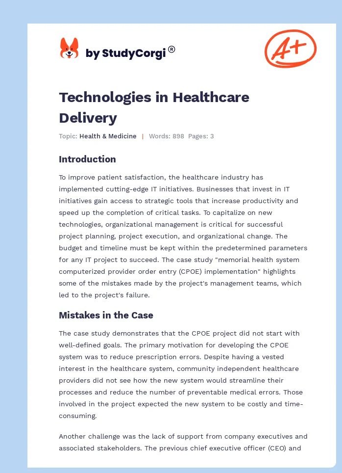 Technologies in Healthcare Delivery. Page 1