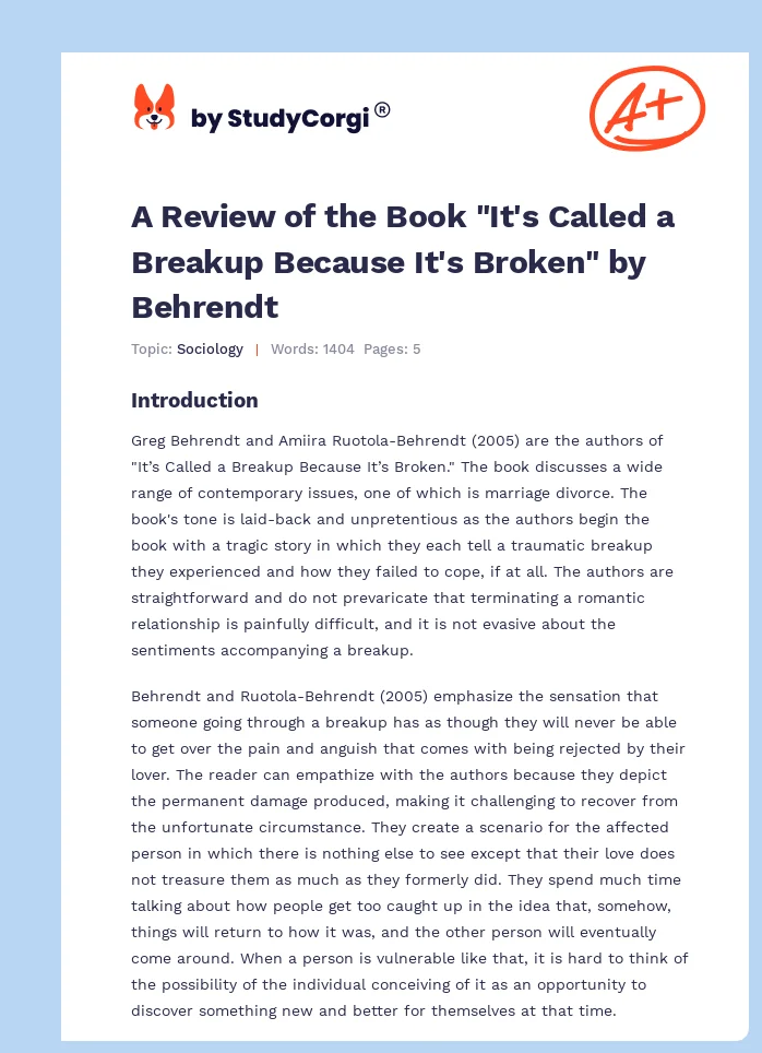 A Review of the Book "It's Called a Breakup Because It's Broken" by Behrendt. Page 1