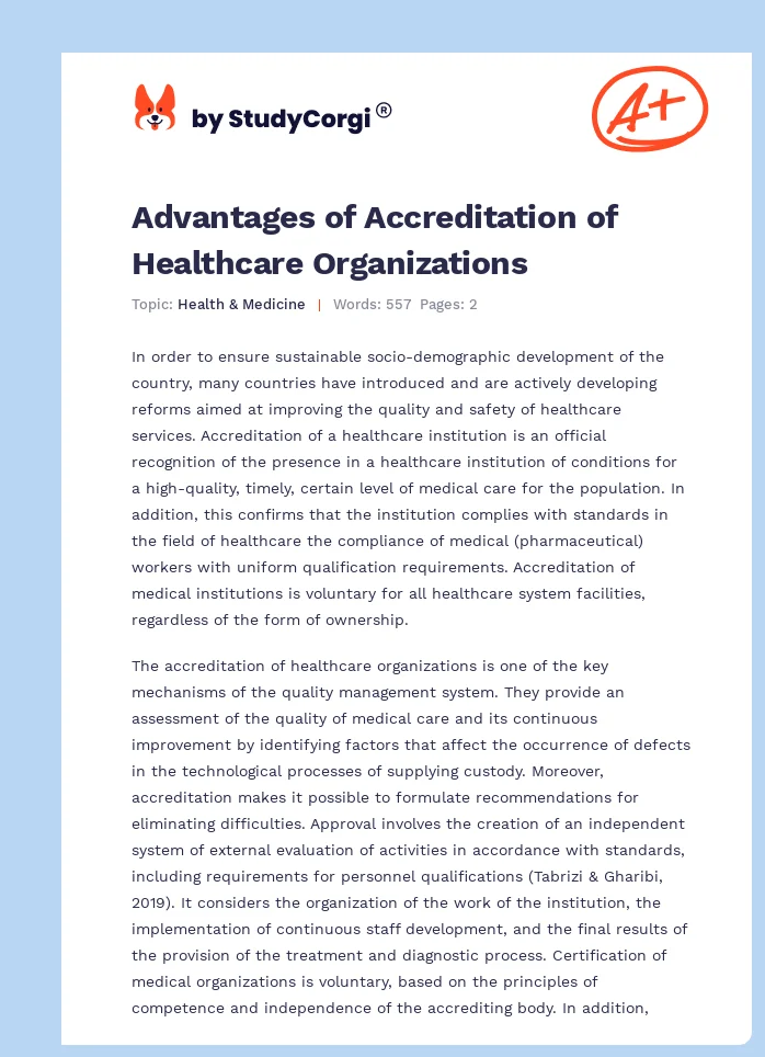 Advantages of Accreditation of Healthcare Organizations. Page 1