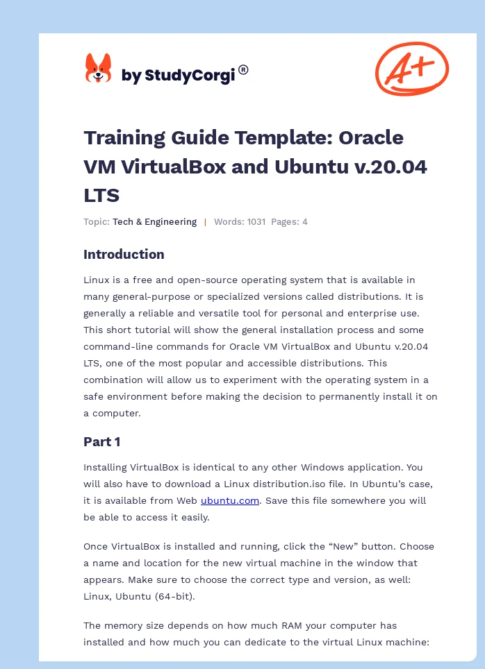 Training Guide Template: Oracle VM VirtualBox and Ubuntu v.20.04 LTS. Page 1