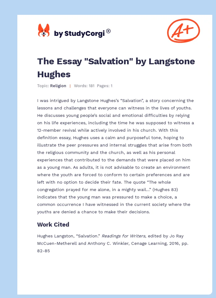 The Essay "Salvation" by Langstone Hughes. Page 1