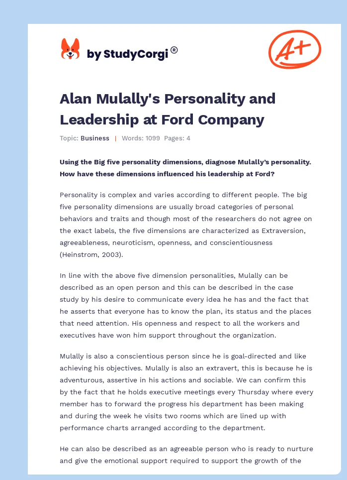 Alan Mulally's Personality and Leadership at Ford Company. Page 1