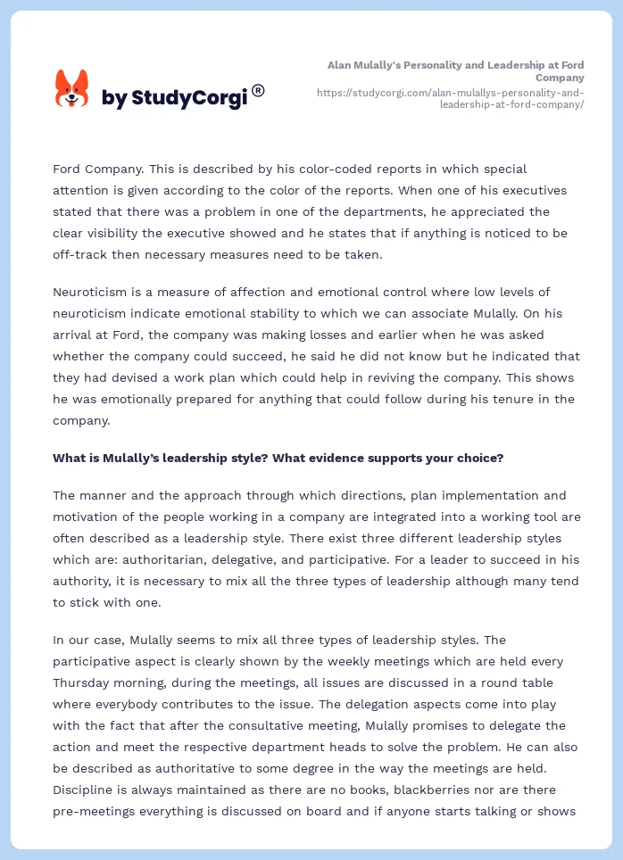 Alan Mulally's Personality and Leadership at Ford Company. Page 2