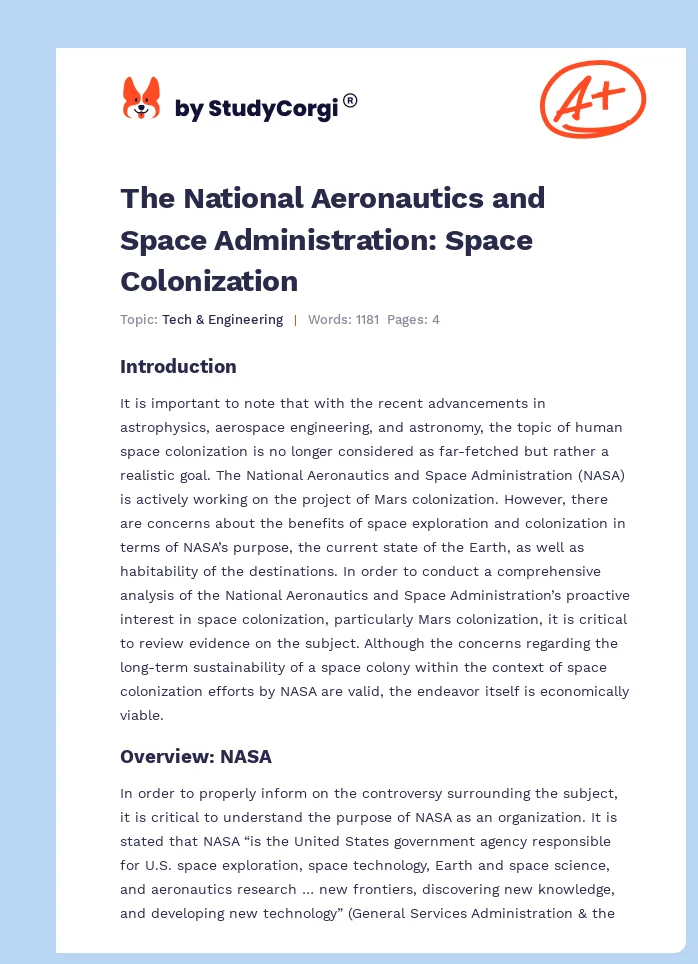 The National Aeronautics and Space Administration: Space Colonization. Page 1