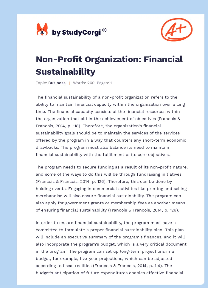 Non-Profit Organization: Financial Sustainability. Page 1