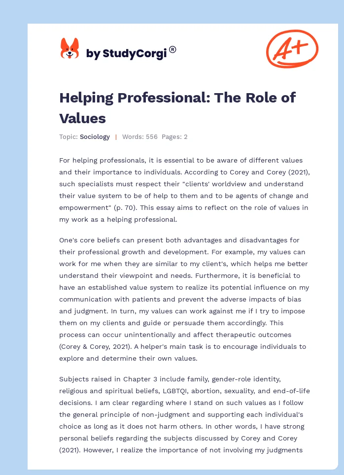 Helping Professional: The Role of Values. Page 1