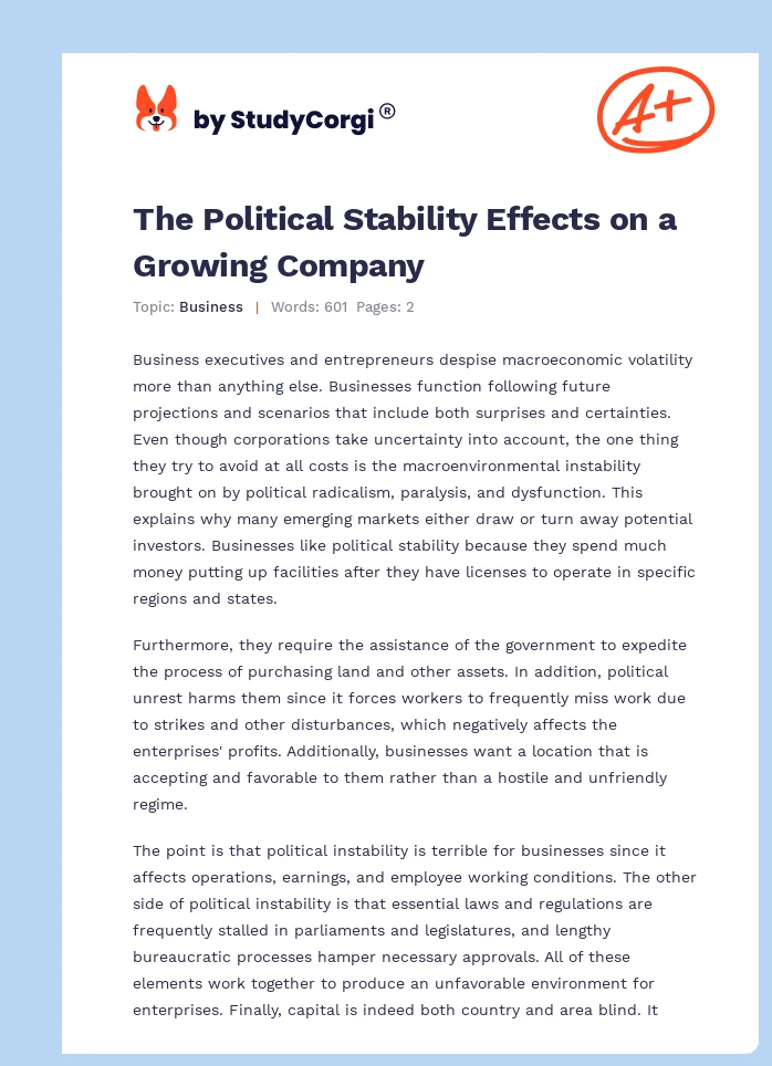 The Political Stability Effects on a Growing Company. Page 1