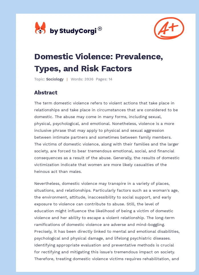 Domestic Violence: Prevalence, Types, and Risk Factors. Page 1