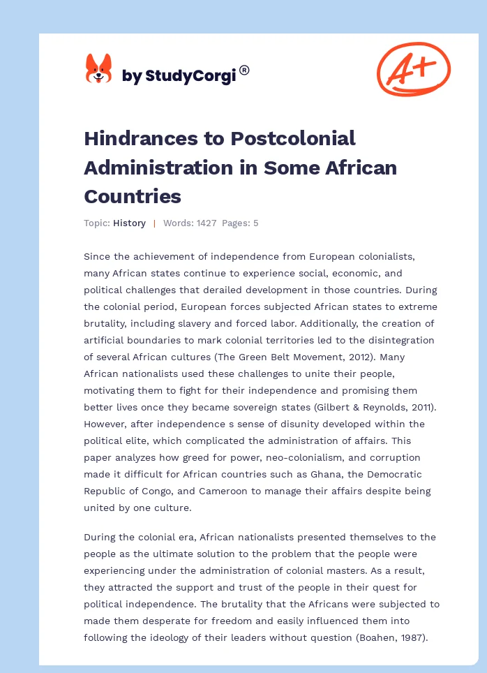 Hindrances to Postcolonial Administration in Some African Countries. Page 1