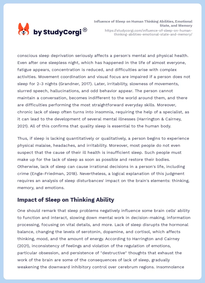 Influence of Sleep on Human Thinking Abilities, Emotional State, and Memory. Page 2