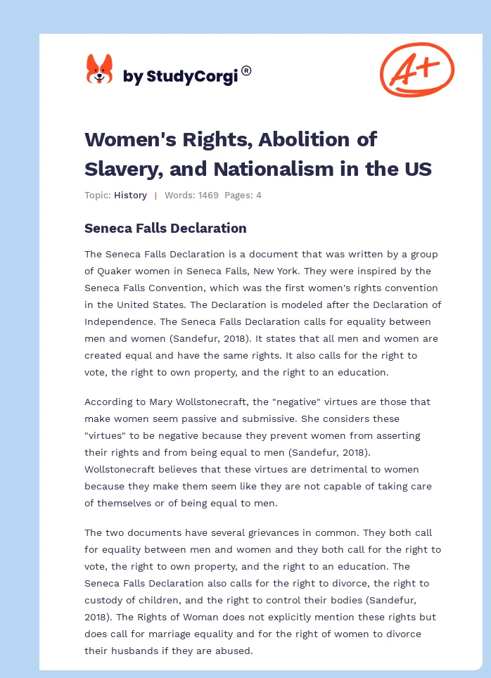 Women's Rights, Abolition of Slavery, and Nationalism in the US. Page 1