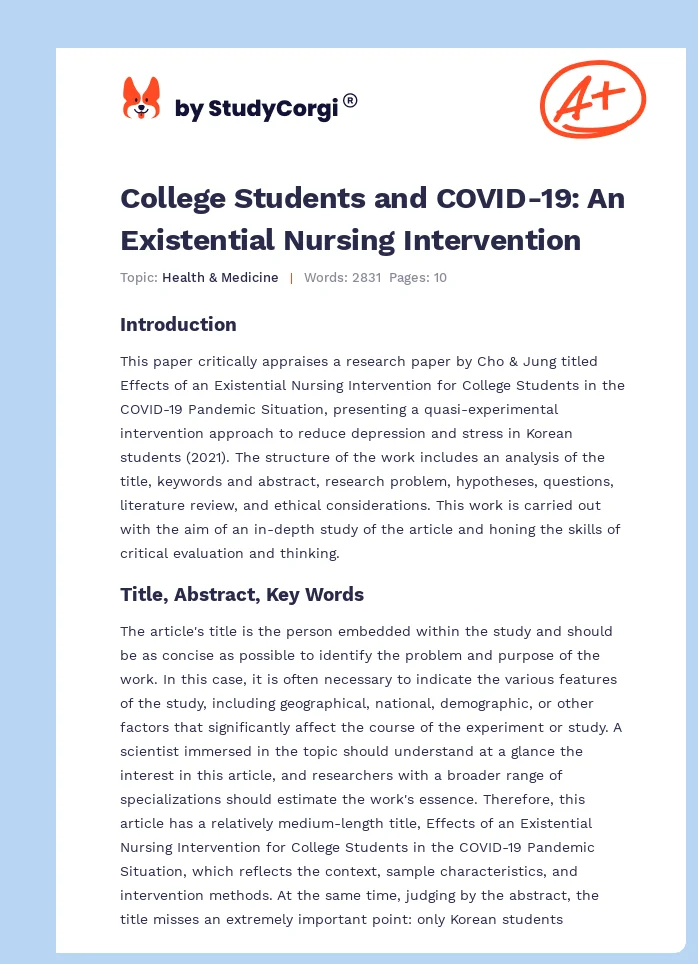 College Students and COVID-19: An Existential Nursing Intervention. Page 1
