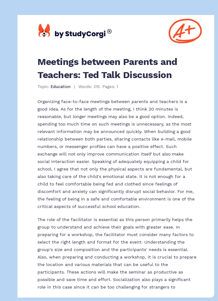 Meetings between Parents and Teachers: Ted Talk Discussion. Page 1