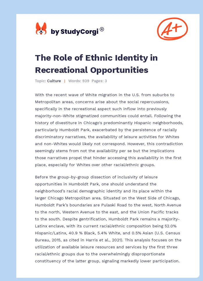 The Role of Ethnic Identity in Recreational Opportunities. Page 1