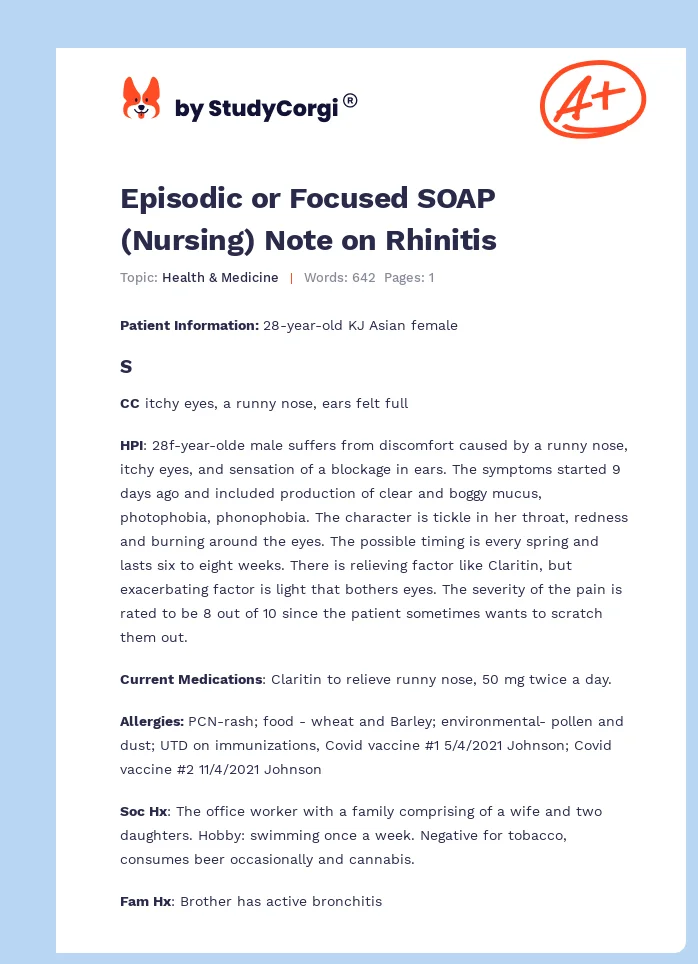 Episodic or Focused SOAP (Nursing) Note on Rhinitis. Page 1