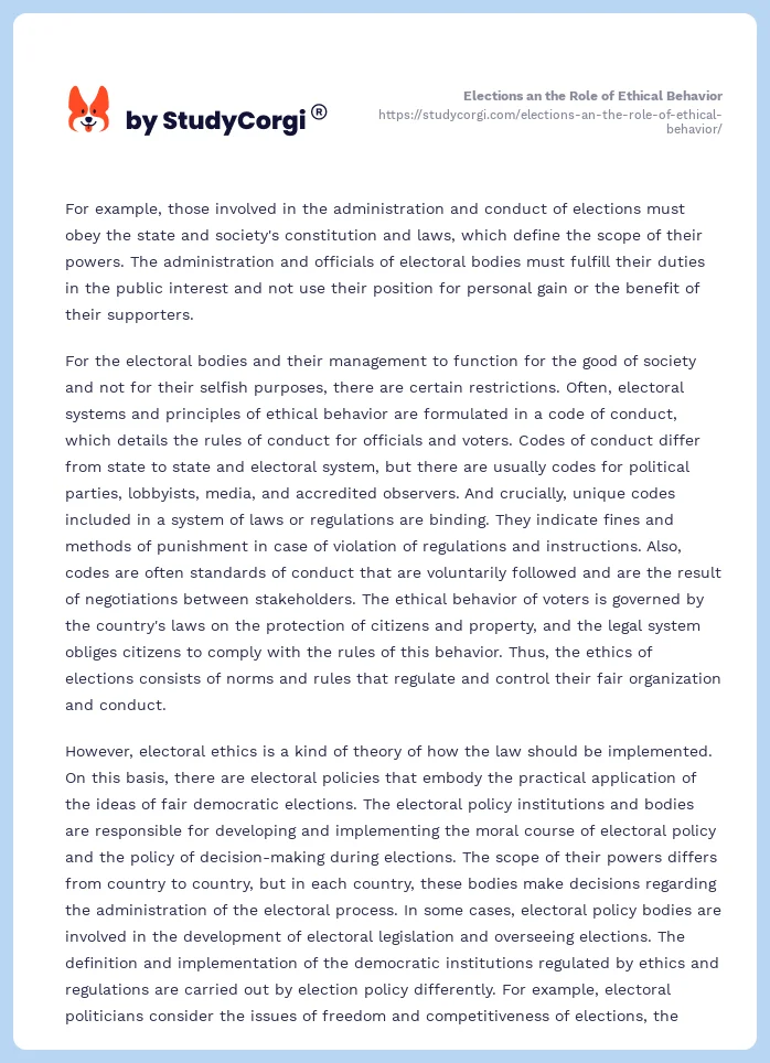 Elections an the Role of Ethical Behavior. Page 2
