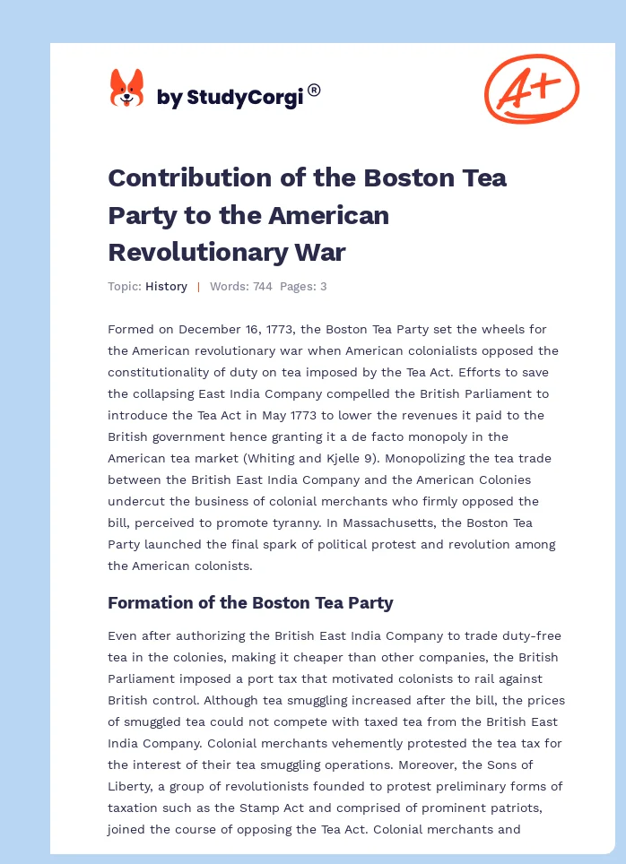 Contribution of the Boston Tea Party to the American Revolutionary War. Page 1