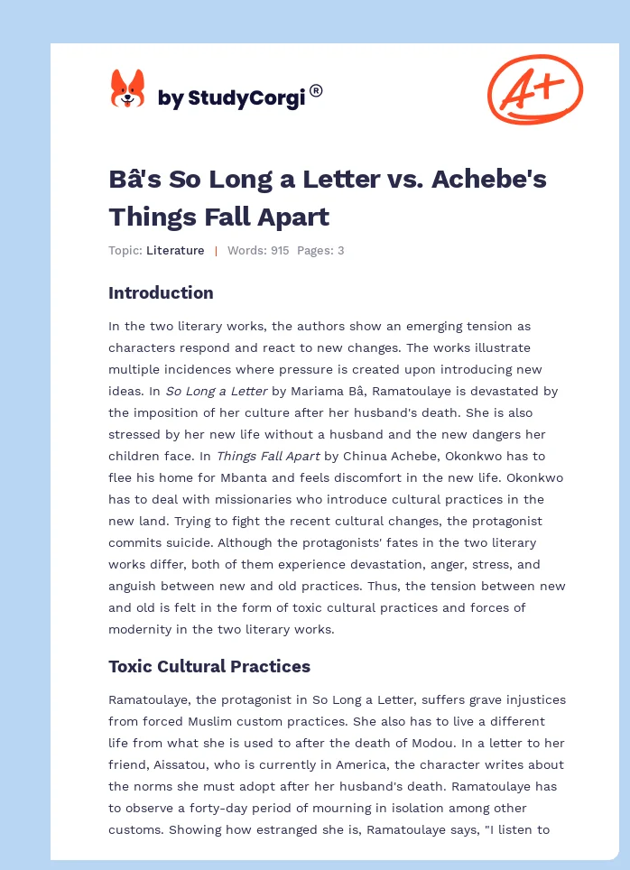 Bâ's So Long a Letter vs. Achebe's Things Fall Apart. Page 1