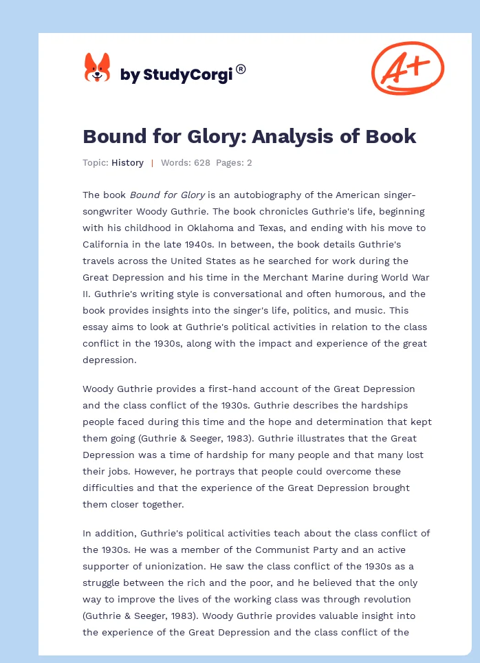 Bound for Glory: Analysis of Book. Page 1