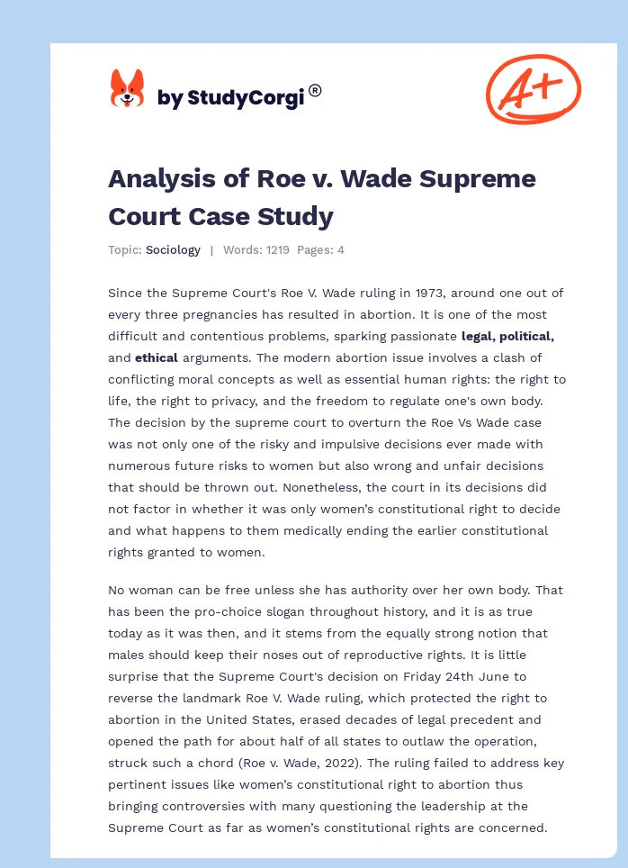 Analysis of Roe v. Wade Supreme Court Case Study. Page 1