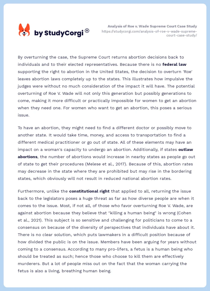 Analysis of Roe v. Wade Supreme Court Case Study. Page 2