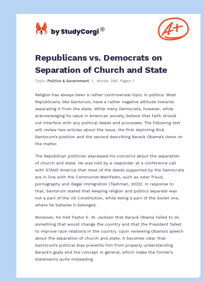 Republicans vs. Democrats on Separation of Church and State. Page 1