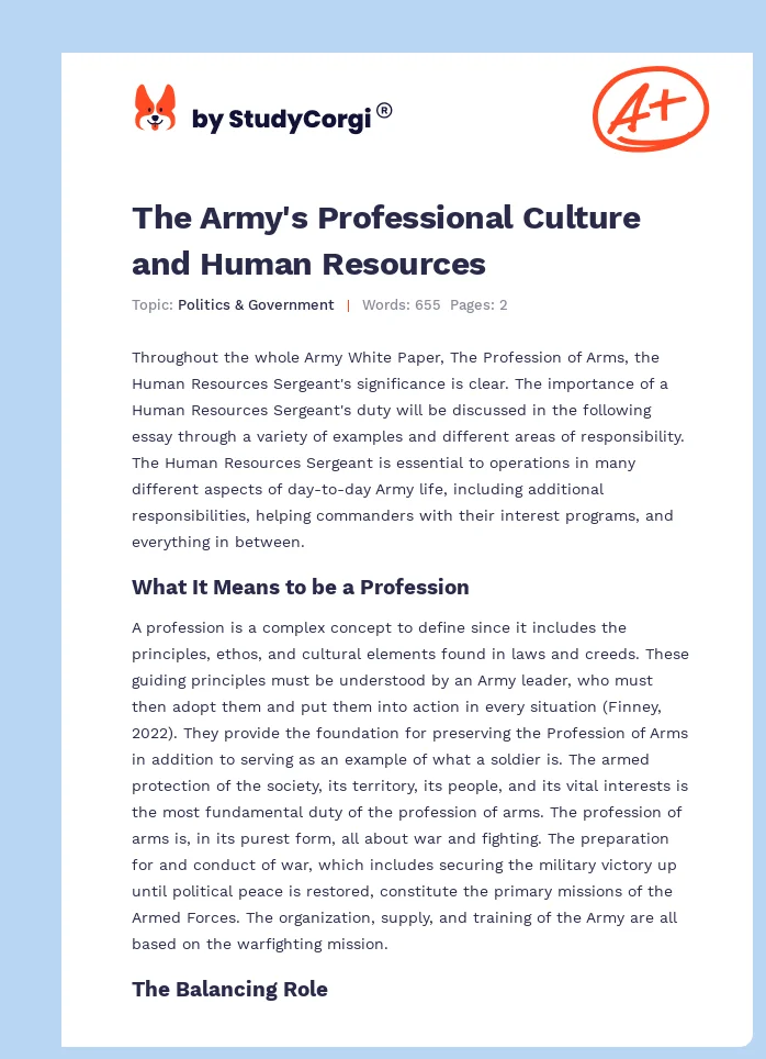 The Army's Professional Culture and Human Resources. Page 1