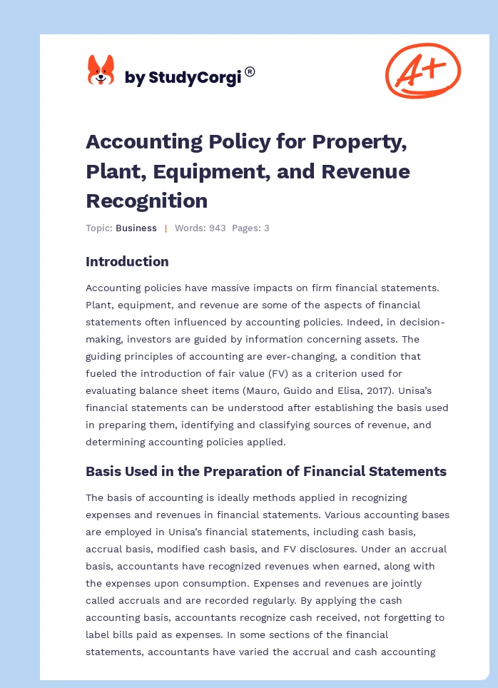 Accounting Policy for Property, Plant, Equipment, and Revenue Recognition. Page 1