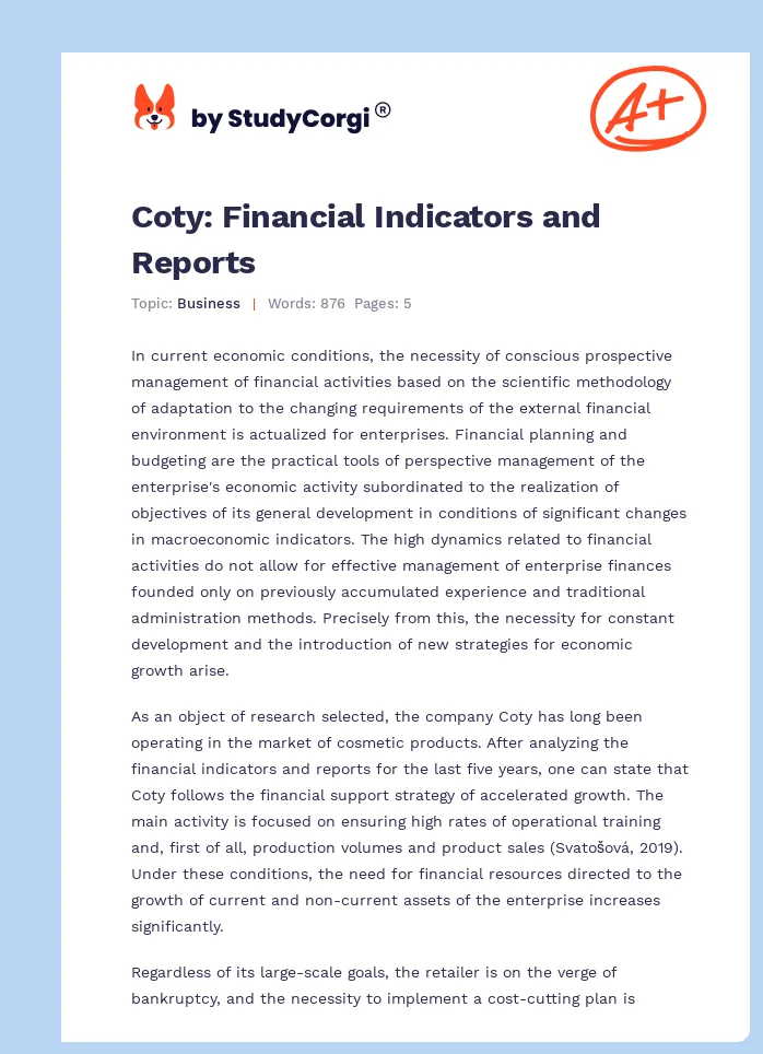 Coty: Financial Indicators and Reports. Page 1