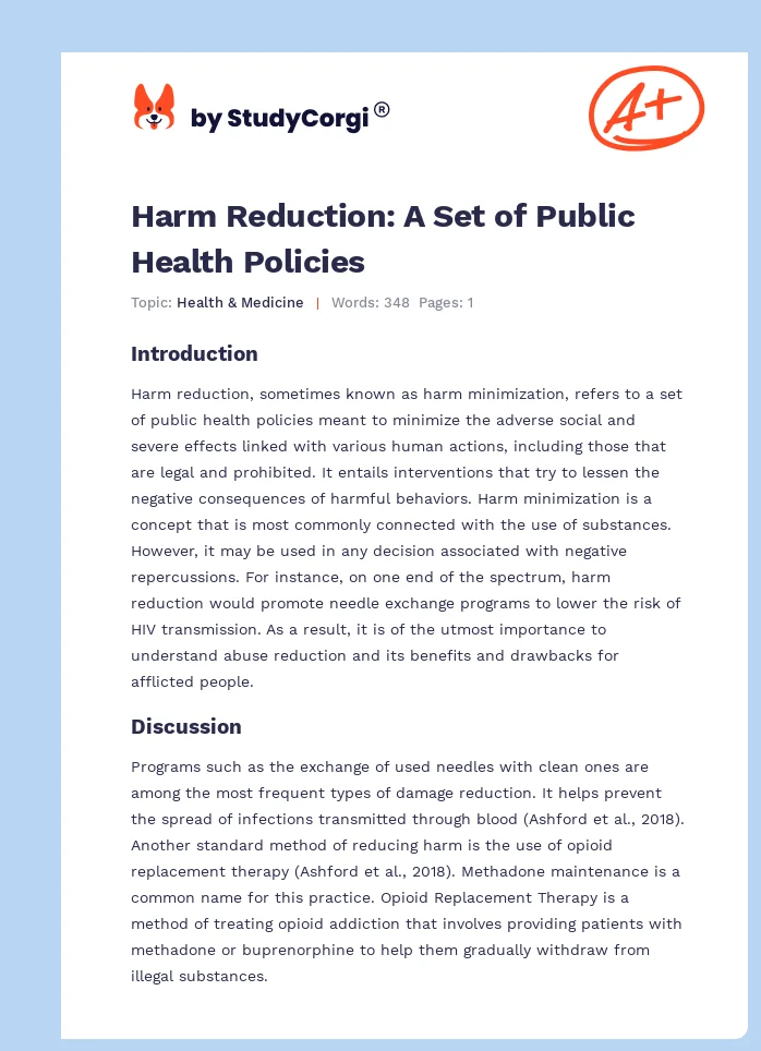 Harm Reduction: A Set of Public Health Policies. Page 1