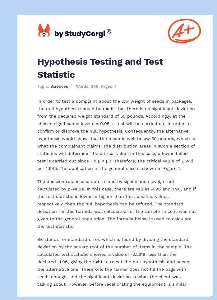 Hypothesis Testing and Test Statistic. Page 1