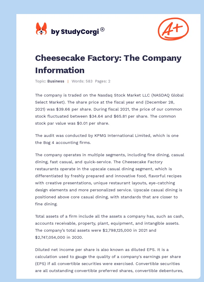 Cheesecake Factory: The Company Information. Page 1