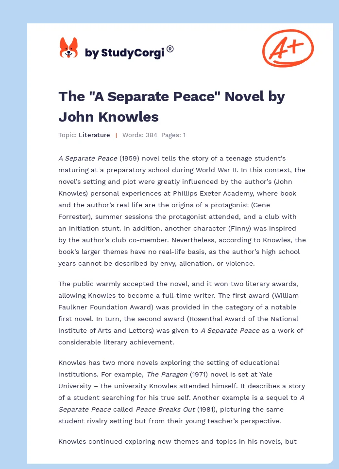The "A Separate Peace" Novel by John Knowles. Page 1