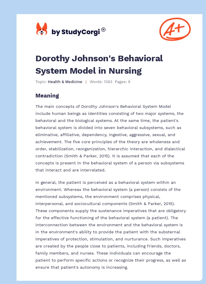 Dorothy Johnson's Behavioral System Model in Nursing. Page 1