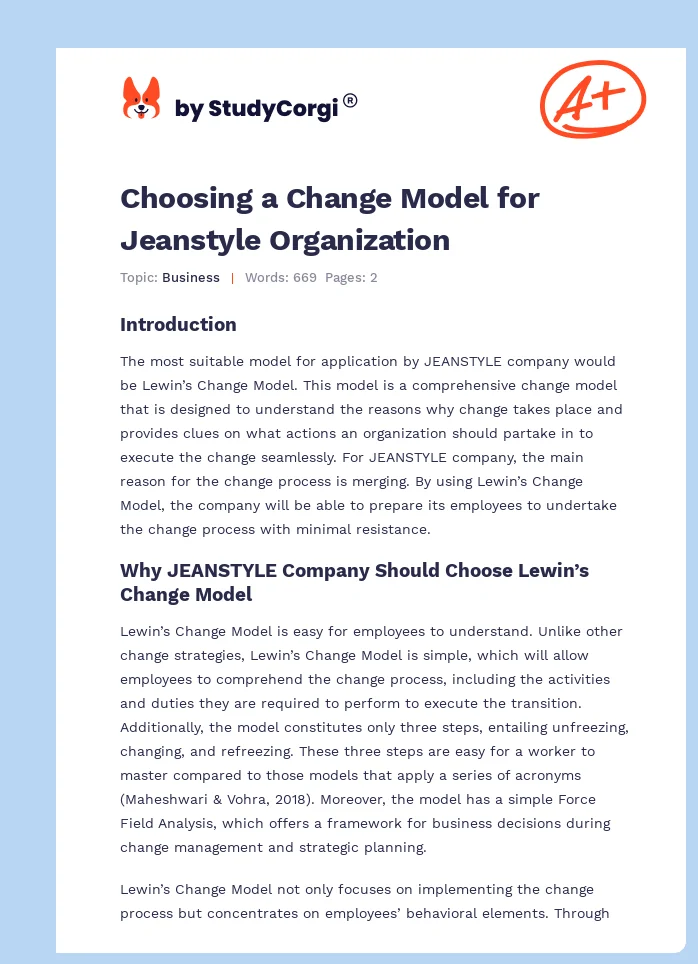 Choosing a Change Model for Jeanstyle Organization. Page 1