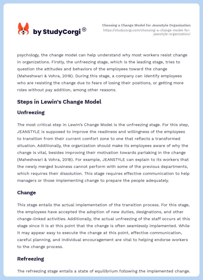 Choosing a Change Model for Jeanstyle Organization. Page 2