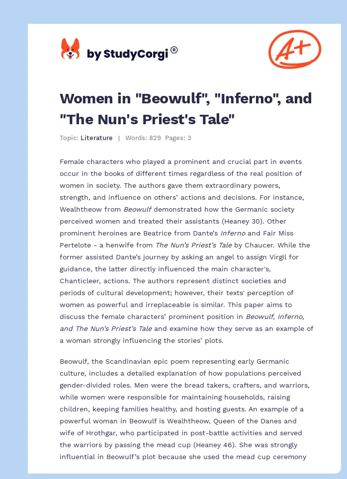 Women in "Beowulf", "Inferno", and "The Nun's Priest's Tale". Page 1