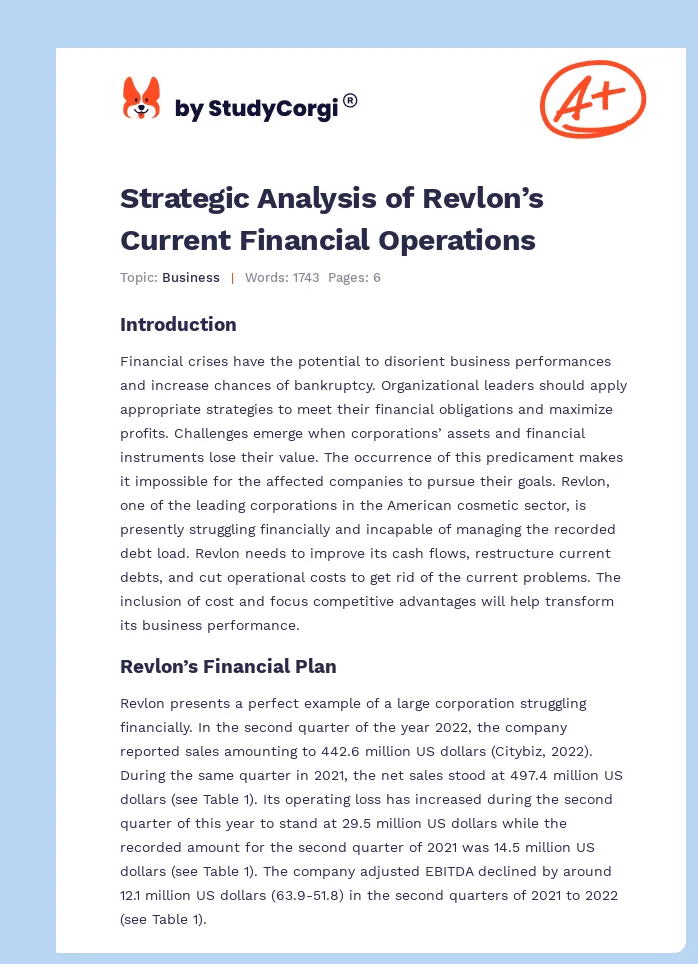Strategic Analysis of Revlon’s Current Financial Operations. Page 1