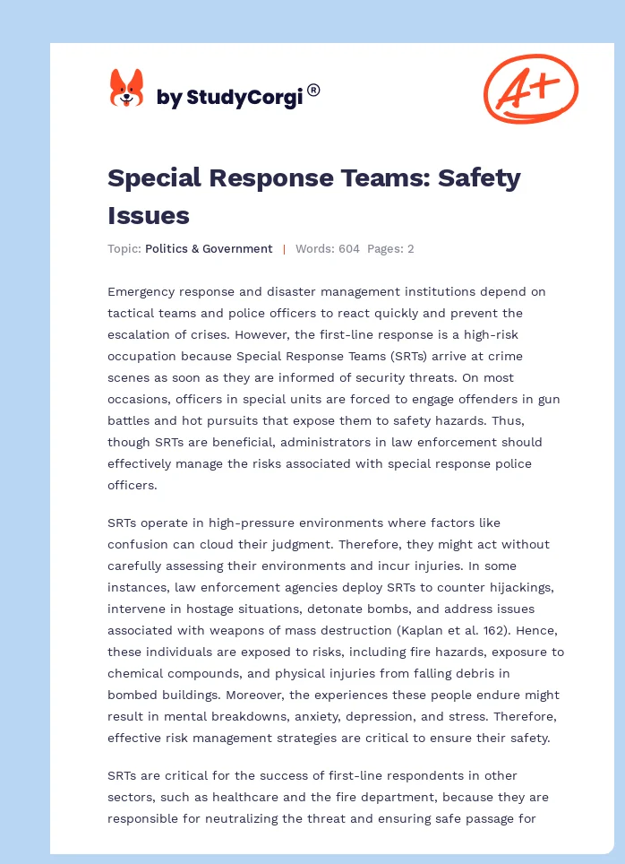 Special Response Teams: Safety Issues. Page 1