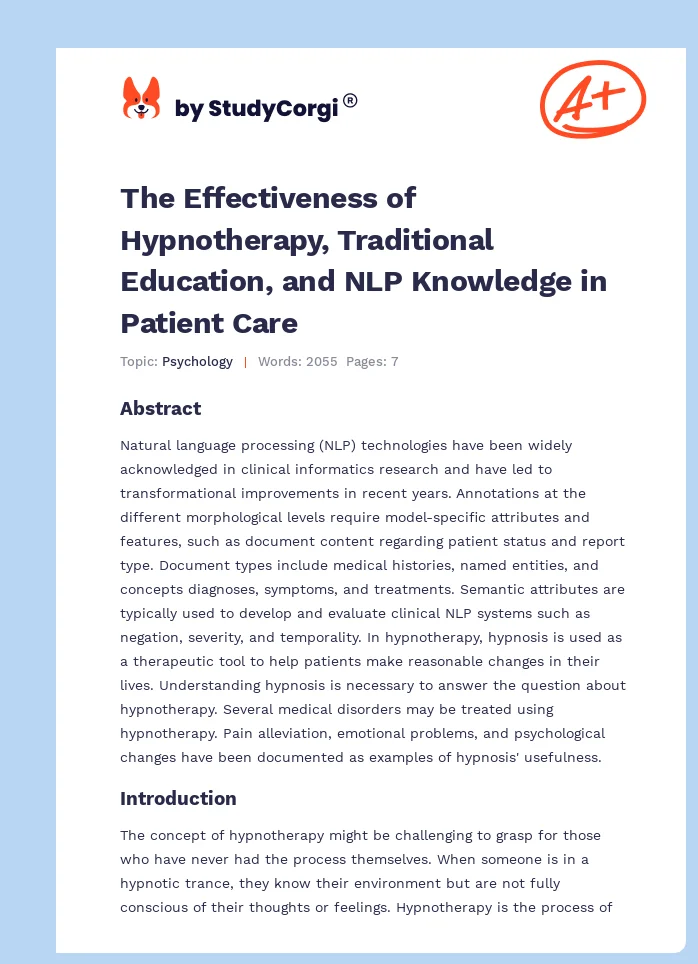 The Effectiveness of Hypnotherapy, Traditional Education, and NLP Knowledge in Patient Care. Page 1