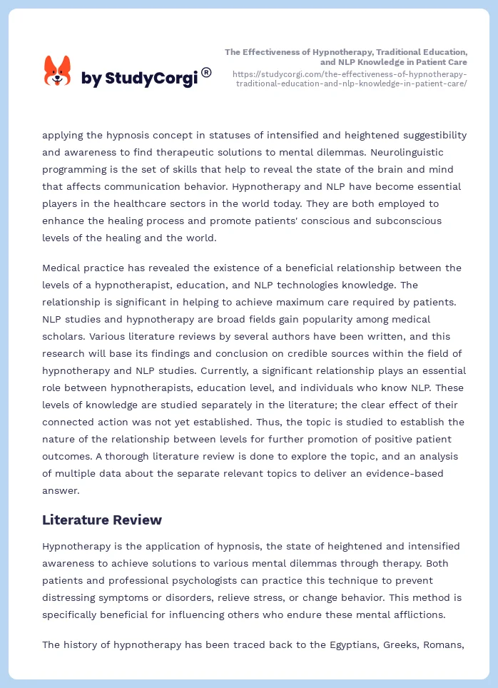 The Effectiveness of Hypnotherapy, Traditional Education, and NLP Knowledge in Patient Care. Page 2