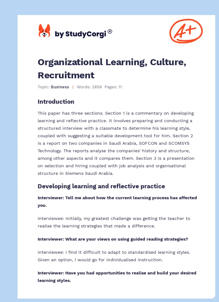 Organizational Learning, Culture, Recruitment. Page 1