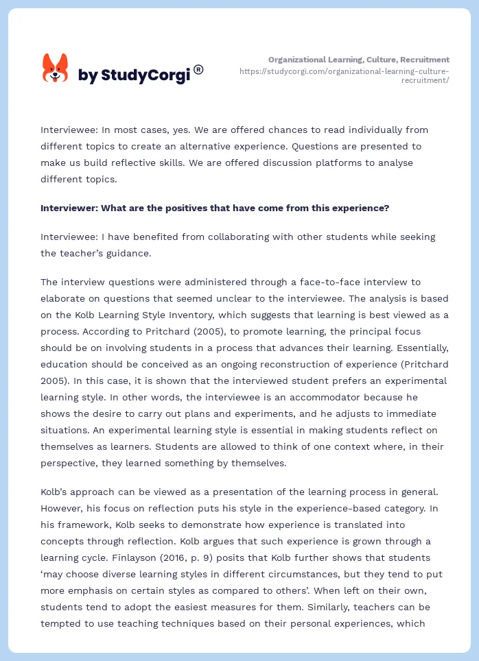 Organizational Learning, Culture, Recruitment. Page 2