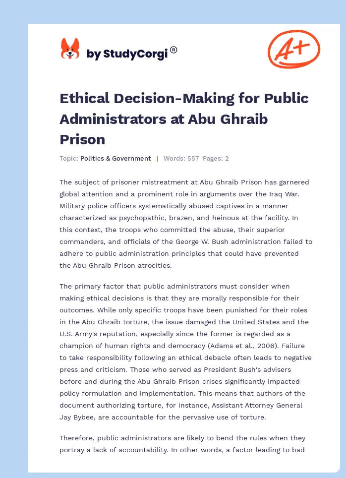 Ethical Decision-Making for Public Administrators at Abu Ghraib Prison. Page 1