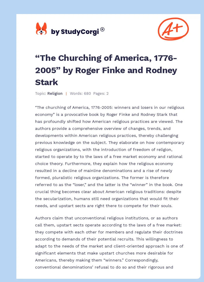 “The Churching of America, 1776-2005” by Roger Finke and Rodney Stark. Page 1