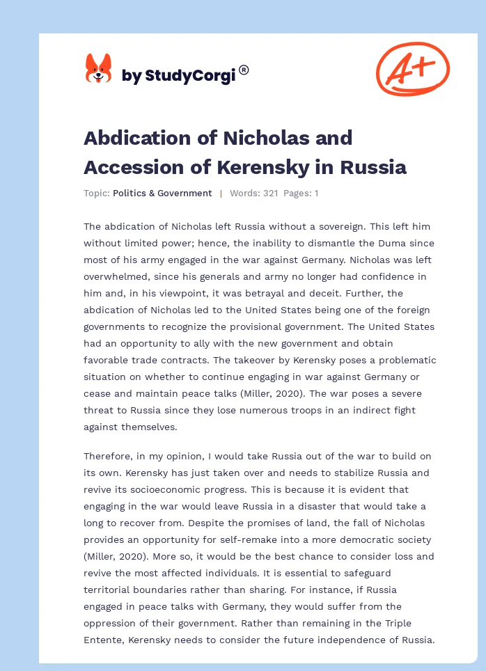 Abdication of Nicholas and Accession of Kerensky in Russia. Page 1